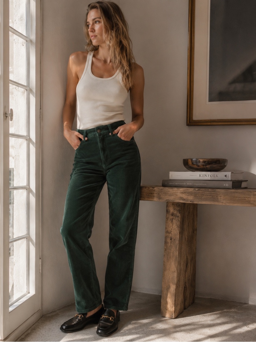 RE/DONE New HighRise 70s Cigarette Corduroy Pants Evergreen Straight 24 Jeans